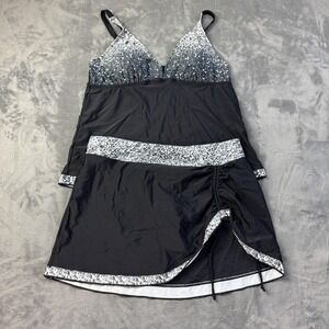 Rekita Tankini Swimsuit Womens Large Black White 2 Piece Swimdress Skirt Set New